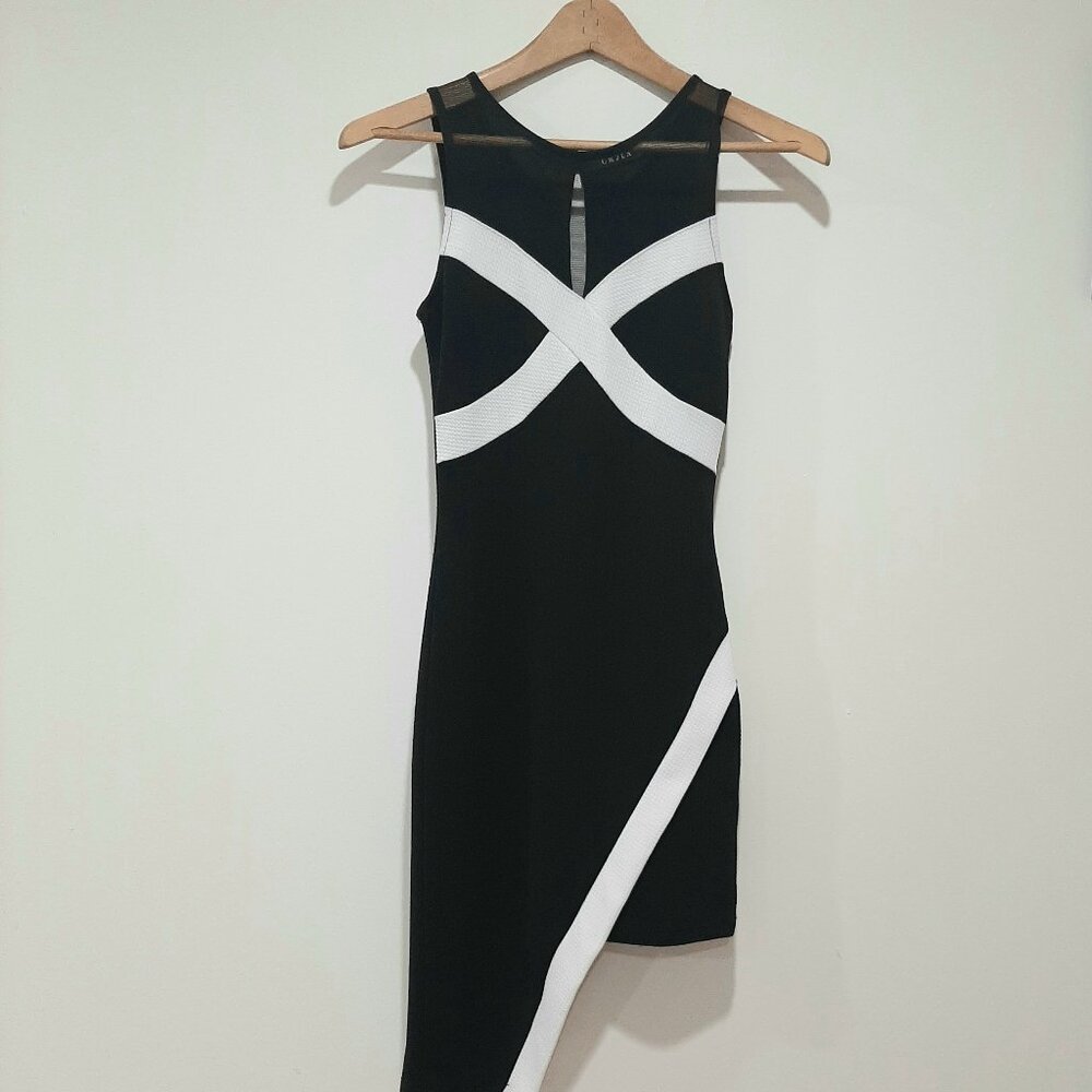 Minimalist neck mesh sheet asymmetrical line bodycon dress